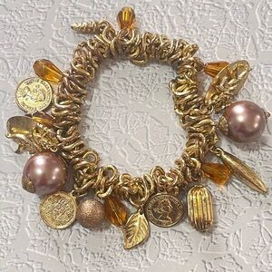 Vintage Charm Bracelet Chunky Stretch Gold Brown and Orange Gorgeous